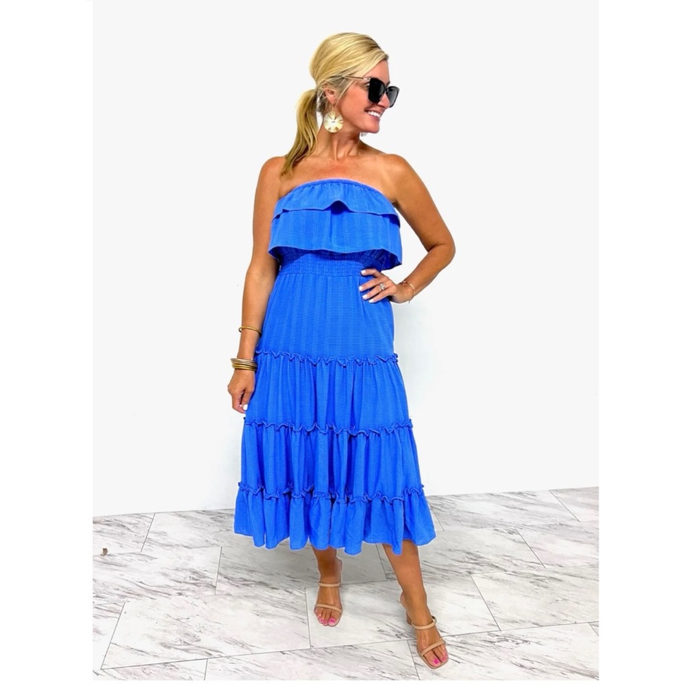 SPLASH BLUE OFF THE SHOULDER DRESS